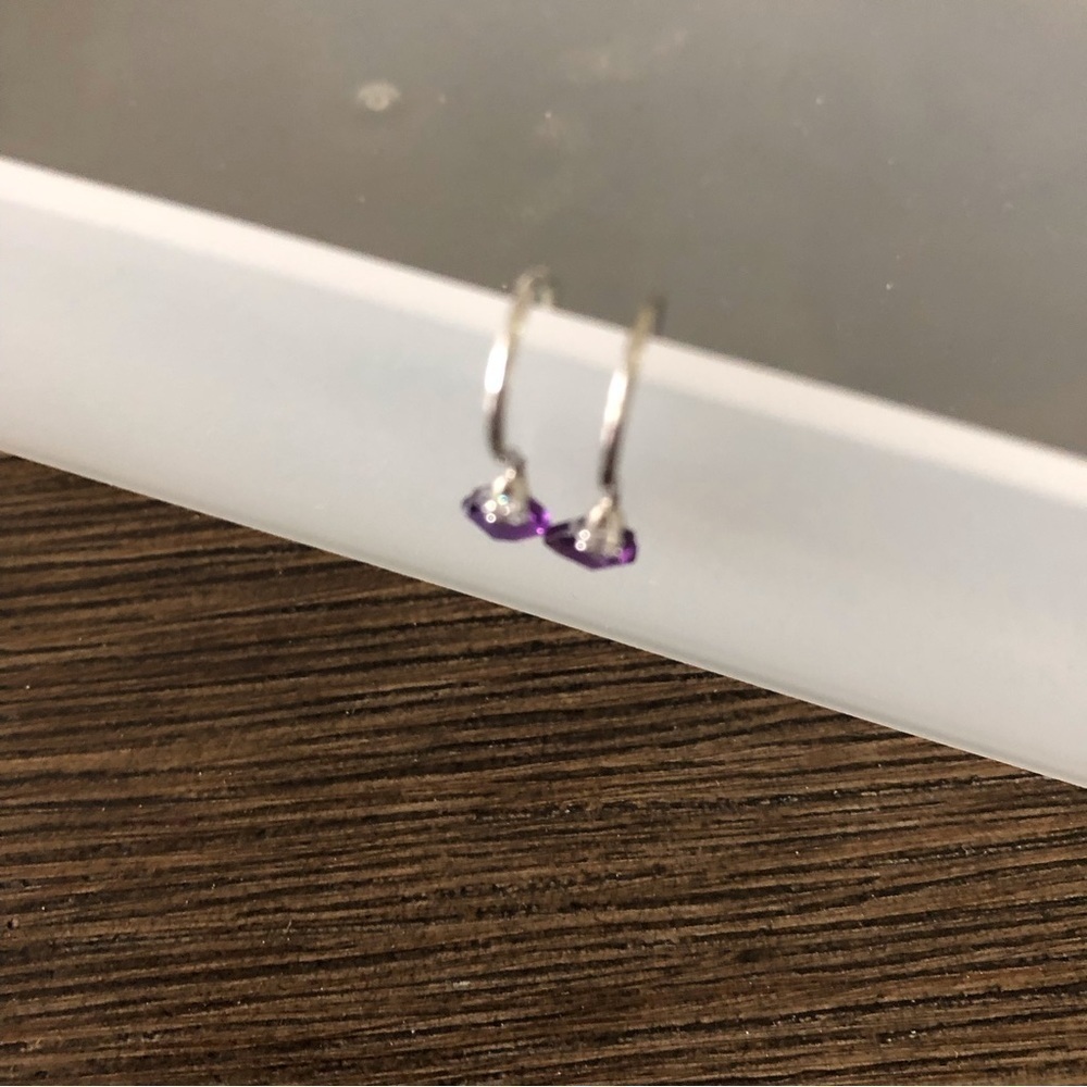 sterling sliver, diamond, and amethyst heart tiny fishhook earrings - Picture 2 of 2